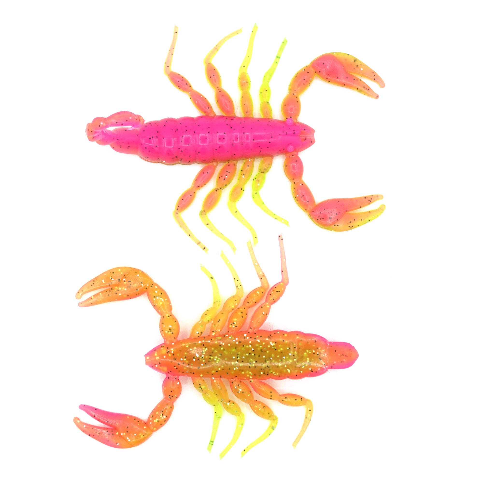 Pink and chartreuse soft plastic scorpion bait used for fishing. Fresh baitz electric chicken scorpion