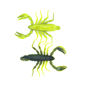 Top and bottom view of black and yellow soft plastic scorpion bait used for fishing. Fresh baitz euro yellow tail scorpion
