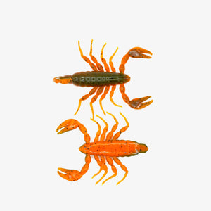Top and bottom view of green and orange soft plastic scorpion bait used for fishing. Fresh baitz alabama scorpion