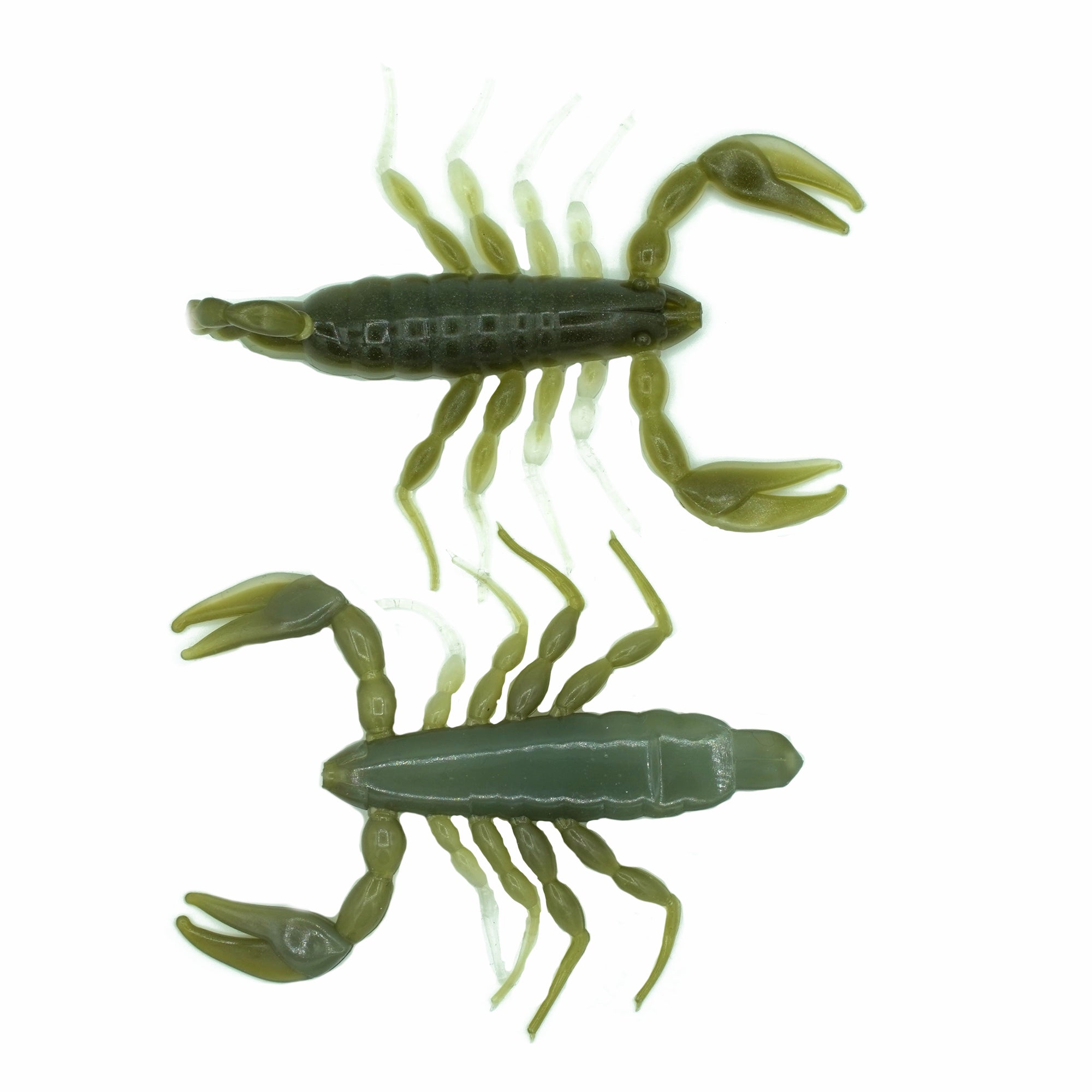 top and bottom view of green and cream white soft plastic scorpion bait used for fishing. Fresh baitz arkansas scorpion