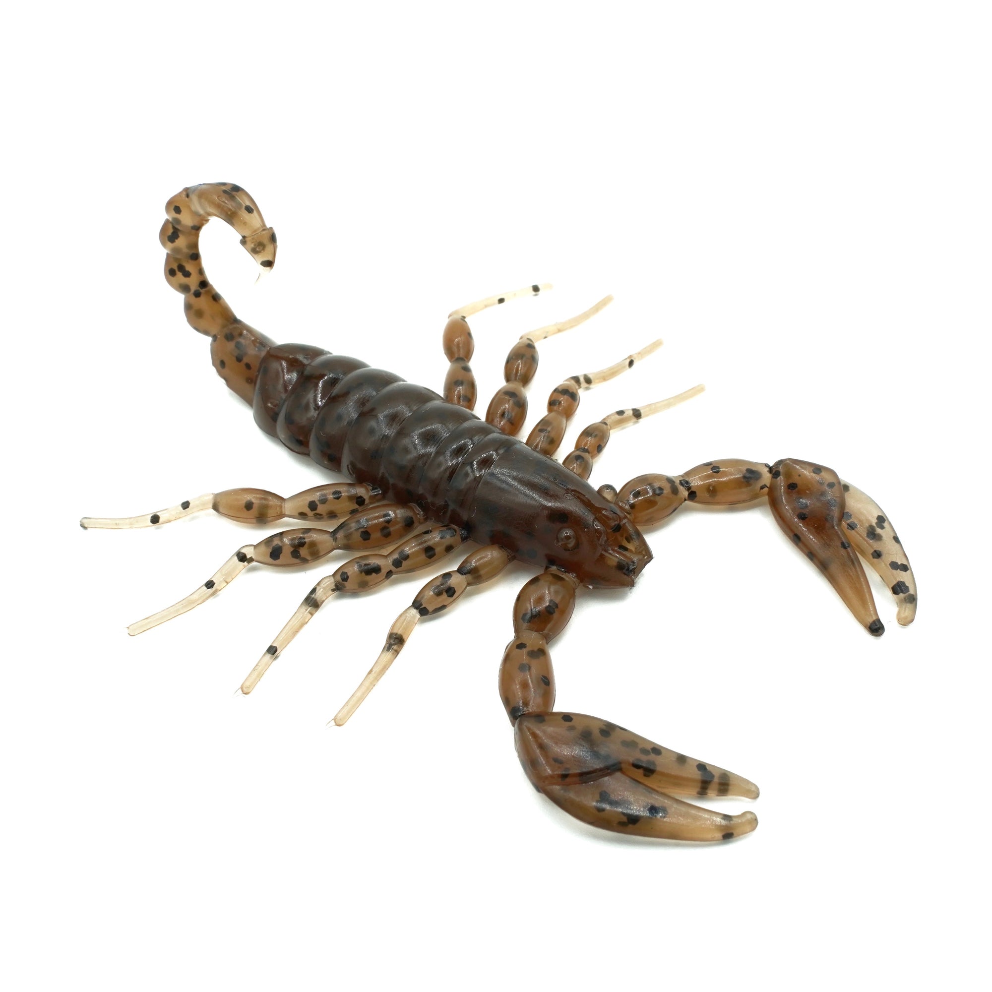 brown and black fleck soft plastic scorpion bait used for fishing. Fresh baitz brown bark scorpion