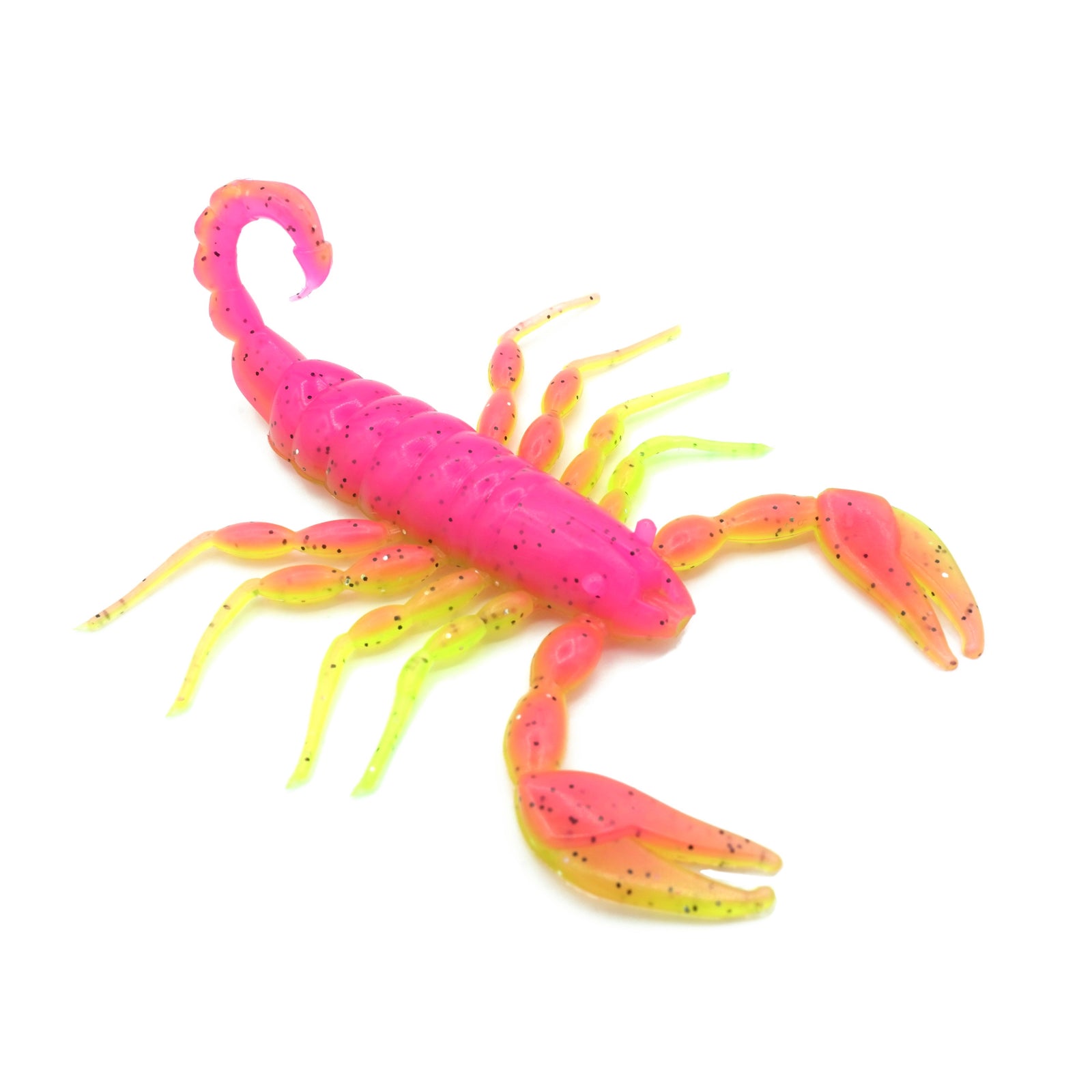 Pink and chartreuse soft plastic scorpion bait used for fishing. Fresh baitz electric chicken scorpion