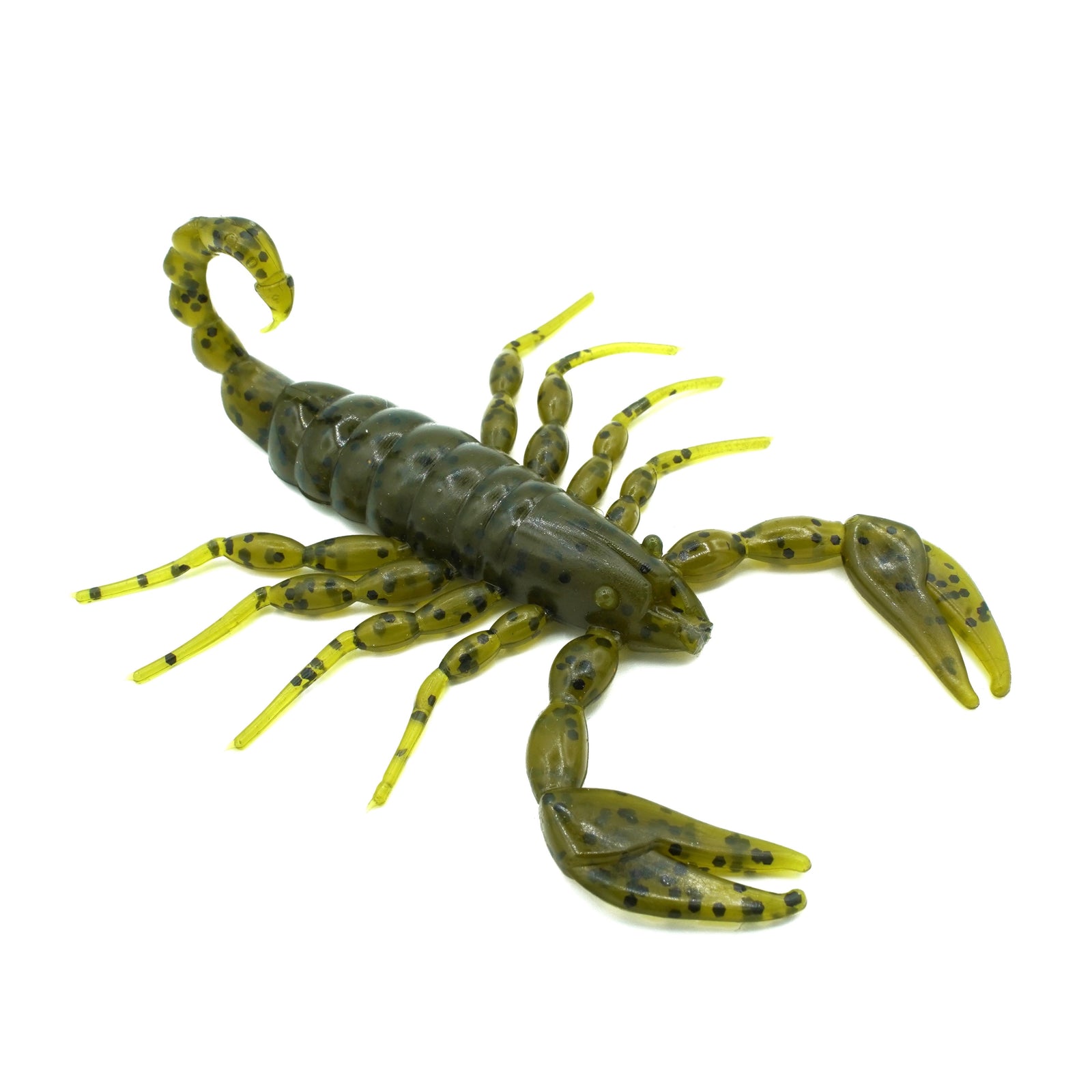 Green pumpkin black fleck colored soft plastic scorpion bait used for fishing. Fresh baitz green pumpkin seed scorpion